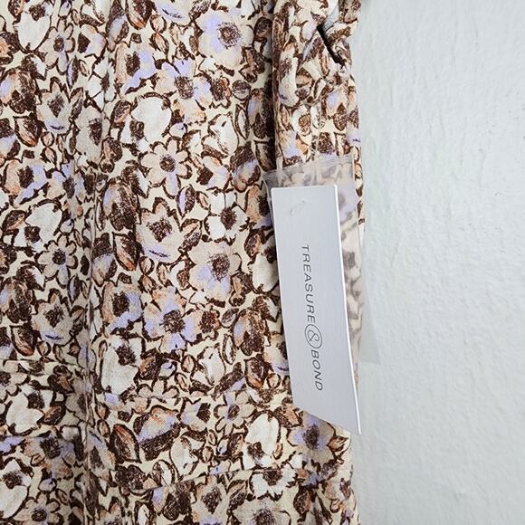 NEW Treasure & Bond Floral Flutter Sleeve Linen Blend Midi Dress Beige - Picture 4 of 11
